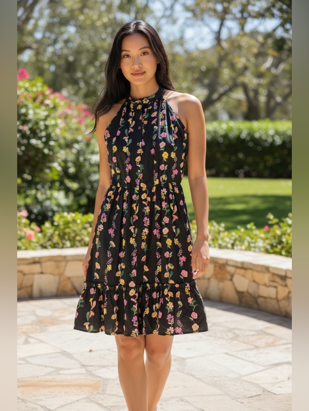 Banjanan Indigo Halter Flare Dress in Floral Onyx, Size Medium